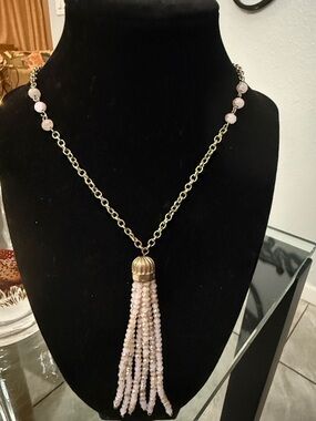 Delicate Pink Beaded Tassel Necklace - Gold Chain